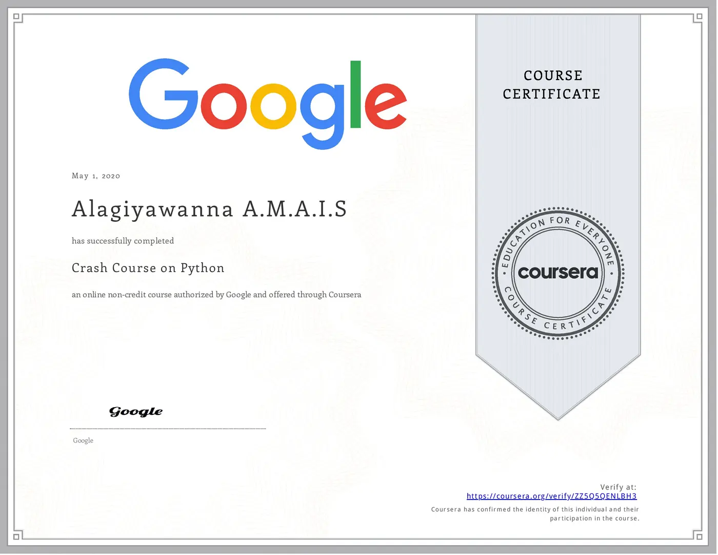 Crash Course on Python certificate issued by Google