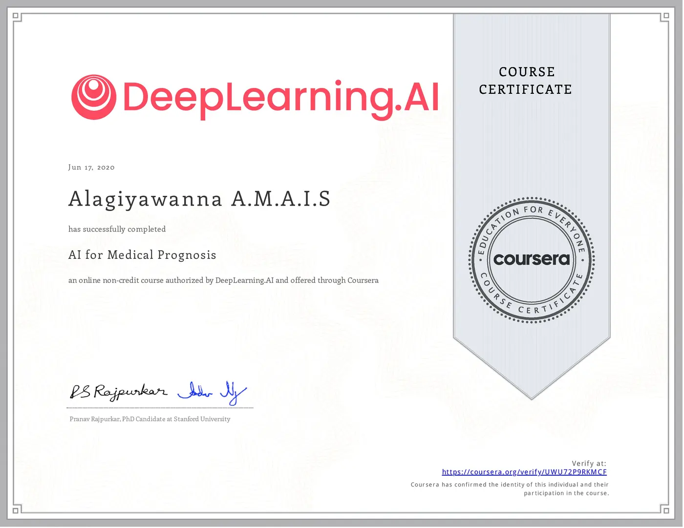 AI for Medical Prognosis certificate issued by DeepLearning.AI