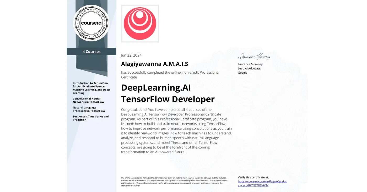 DeepLearning.AI TensorFlow Developer certificate issued by DeepLearning.AI