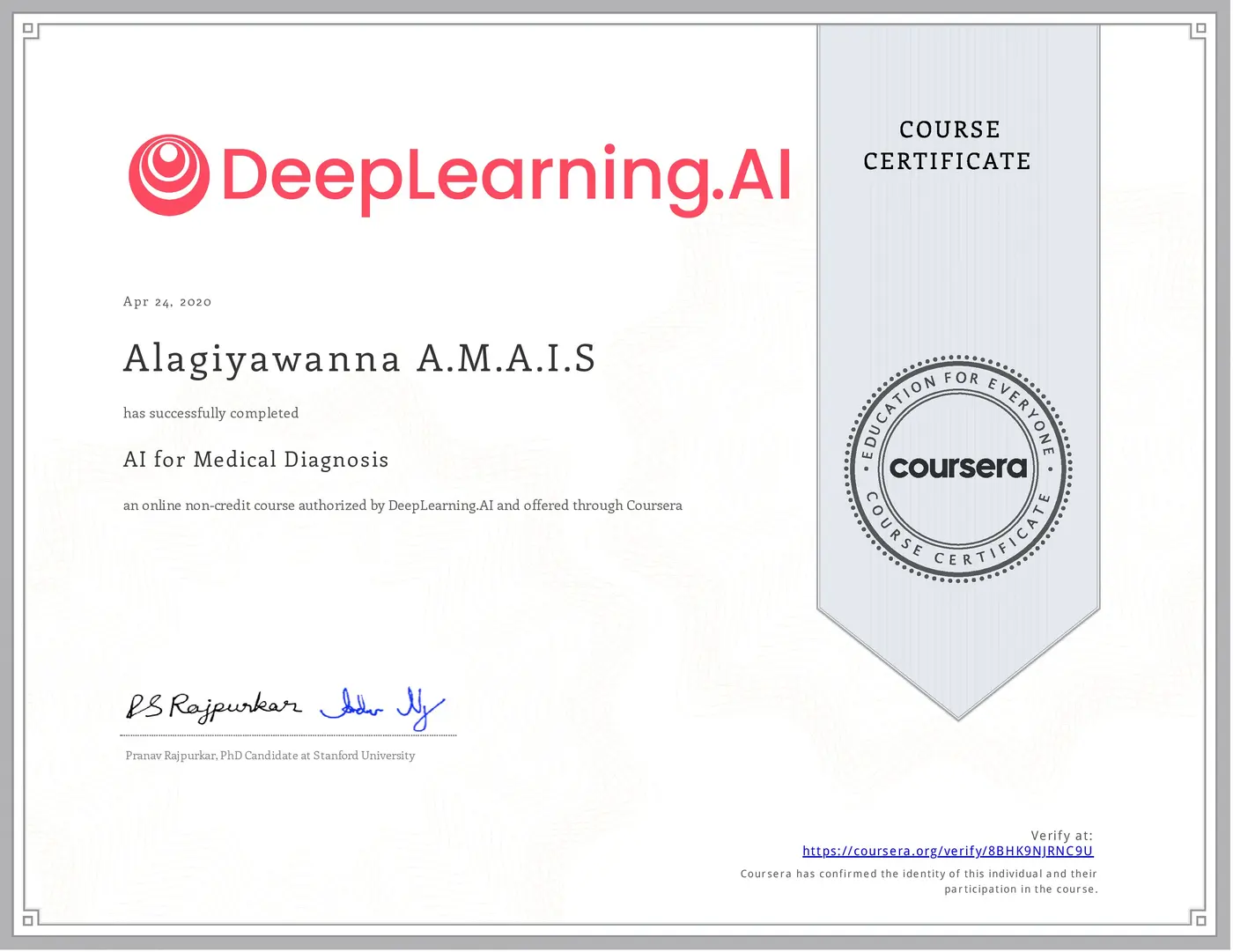 AI for Medical Diagnosis certificate issued by DeepLearning.AI