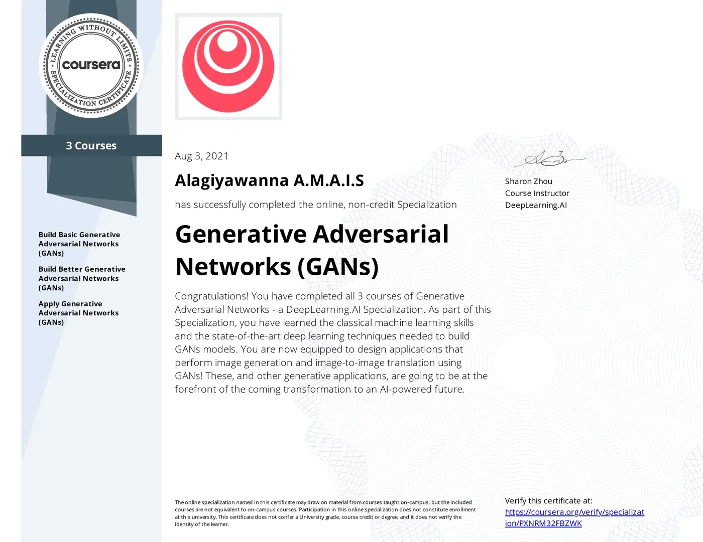 Generative Adversarial Networks (GANs) certificate issued by DeepLearning.AI