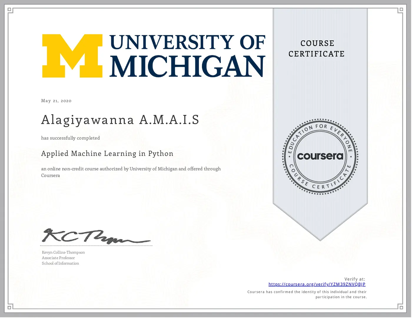Applied Machine Learning in Python certificate issued by University of Michigan