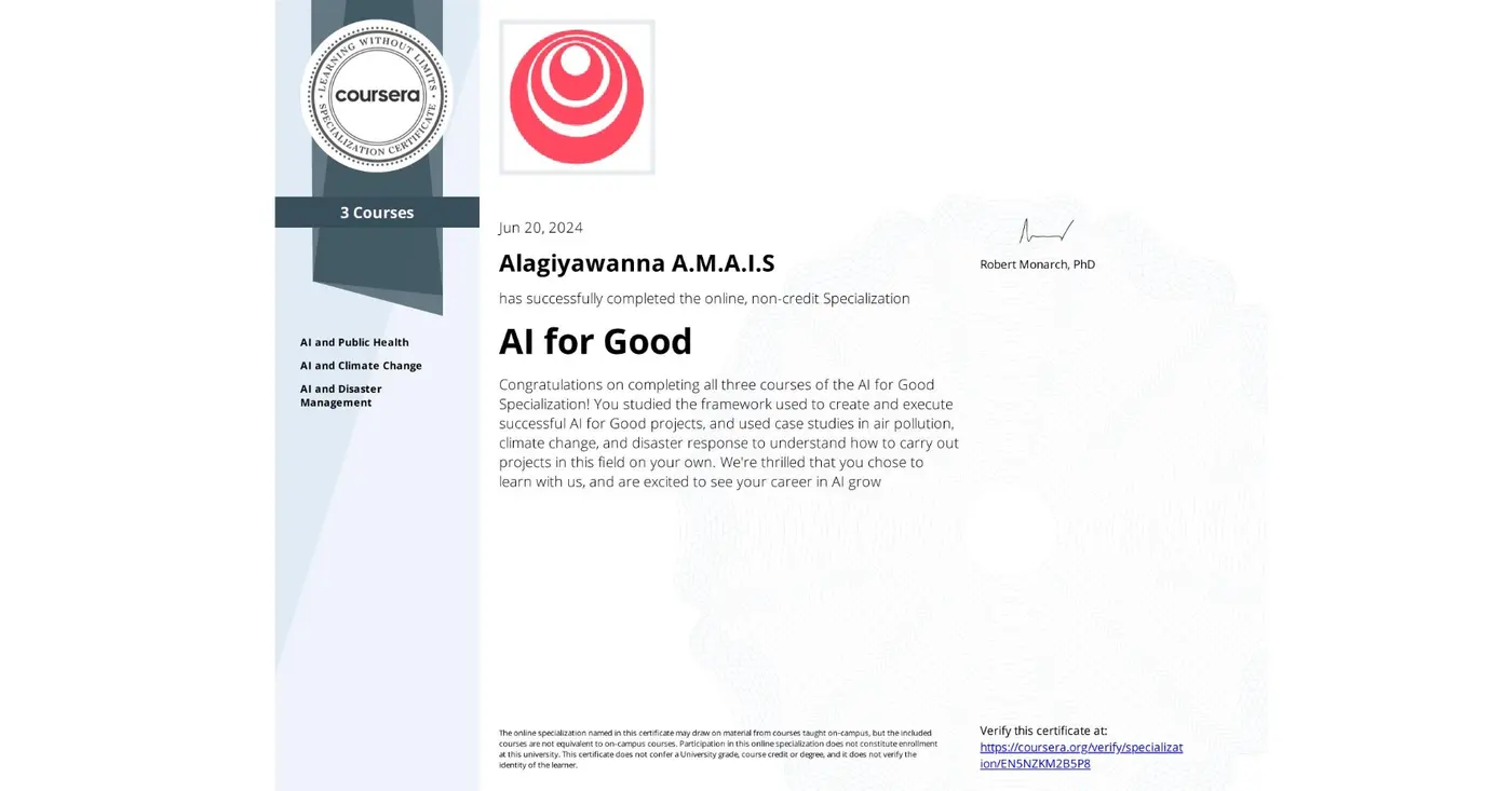 AI for Good certificate issued by DeepLearning.AI