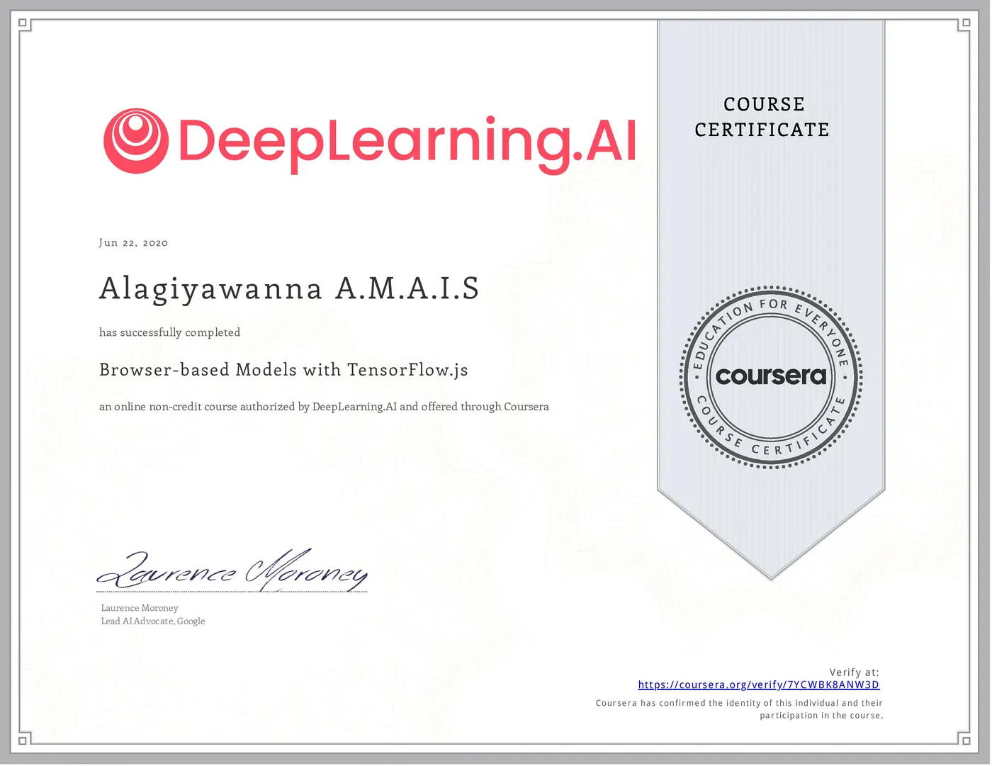 Browser-based Models with TensorFlow.js certificate issued by DeepLearning.AI