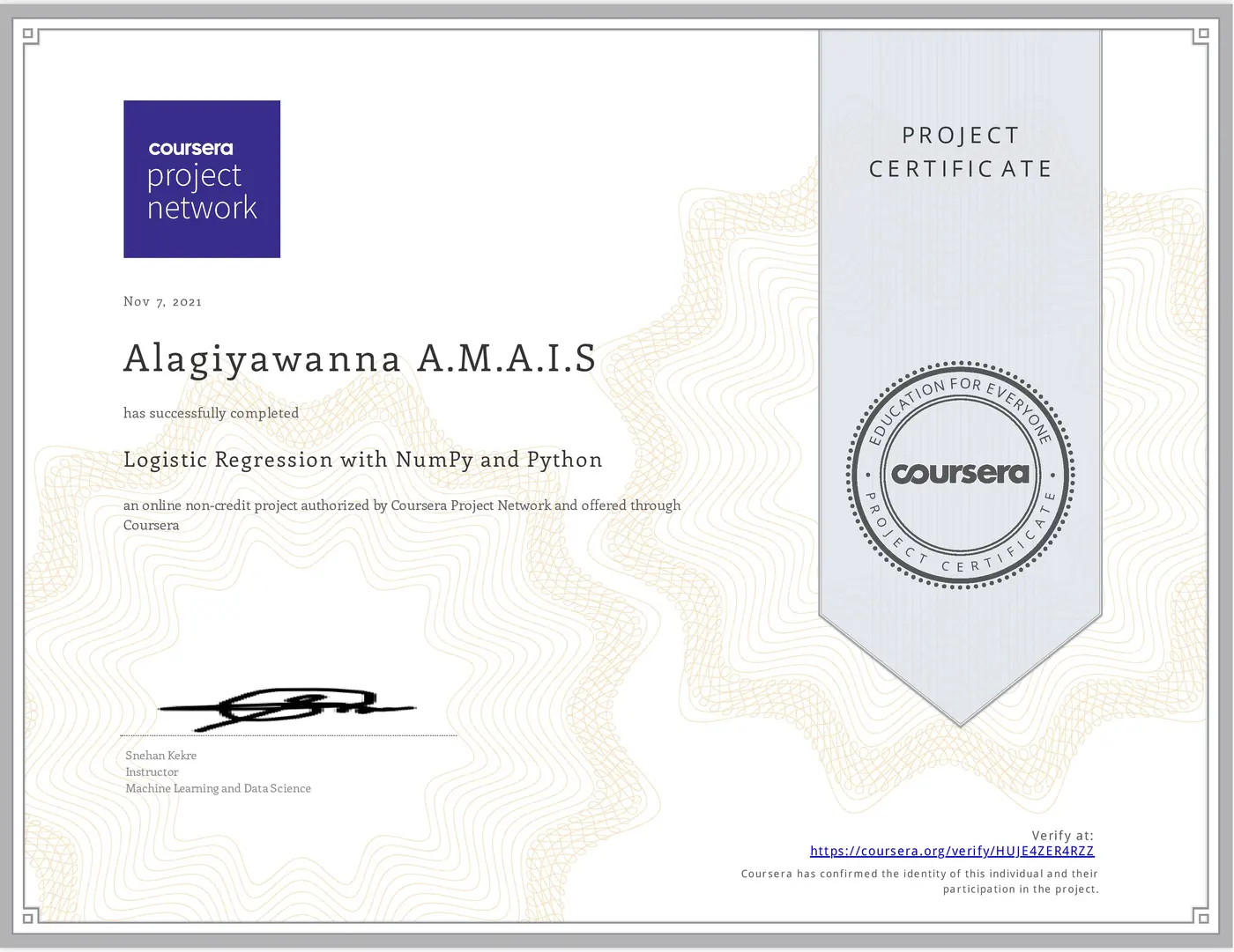 Logistic Regression with NumPy and Python certificate issued by Coursera Project Network