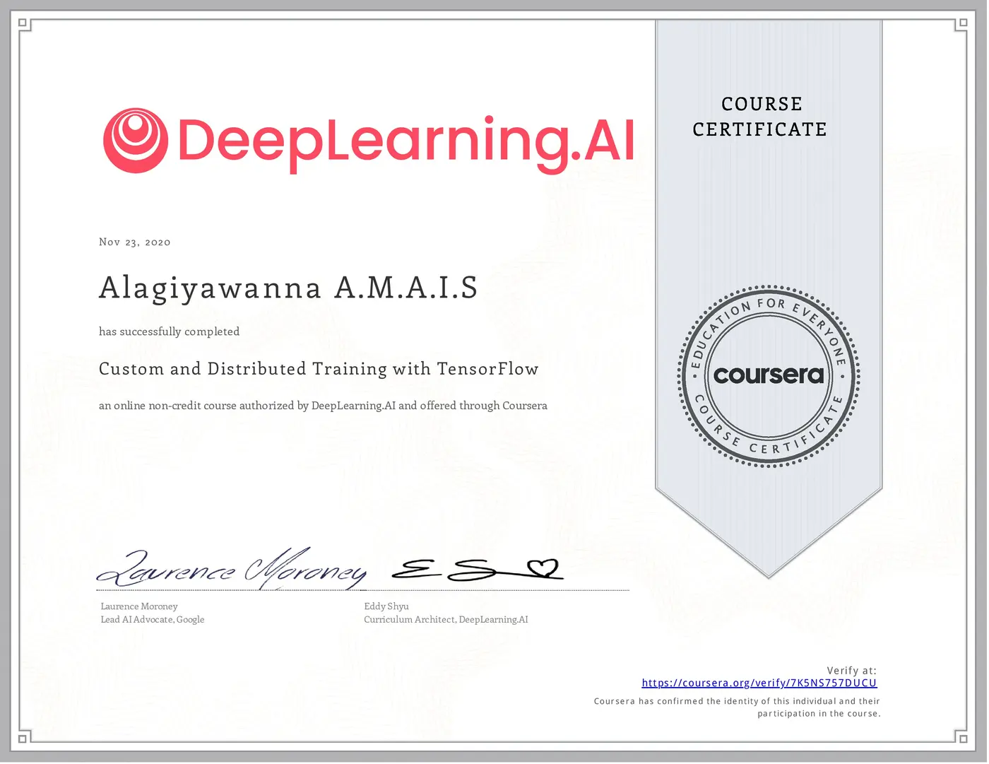 Custom and Distributed Training with TensorFlow certificate issued by DeepLearning.AI