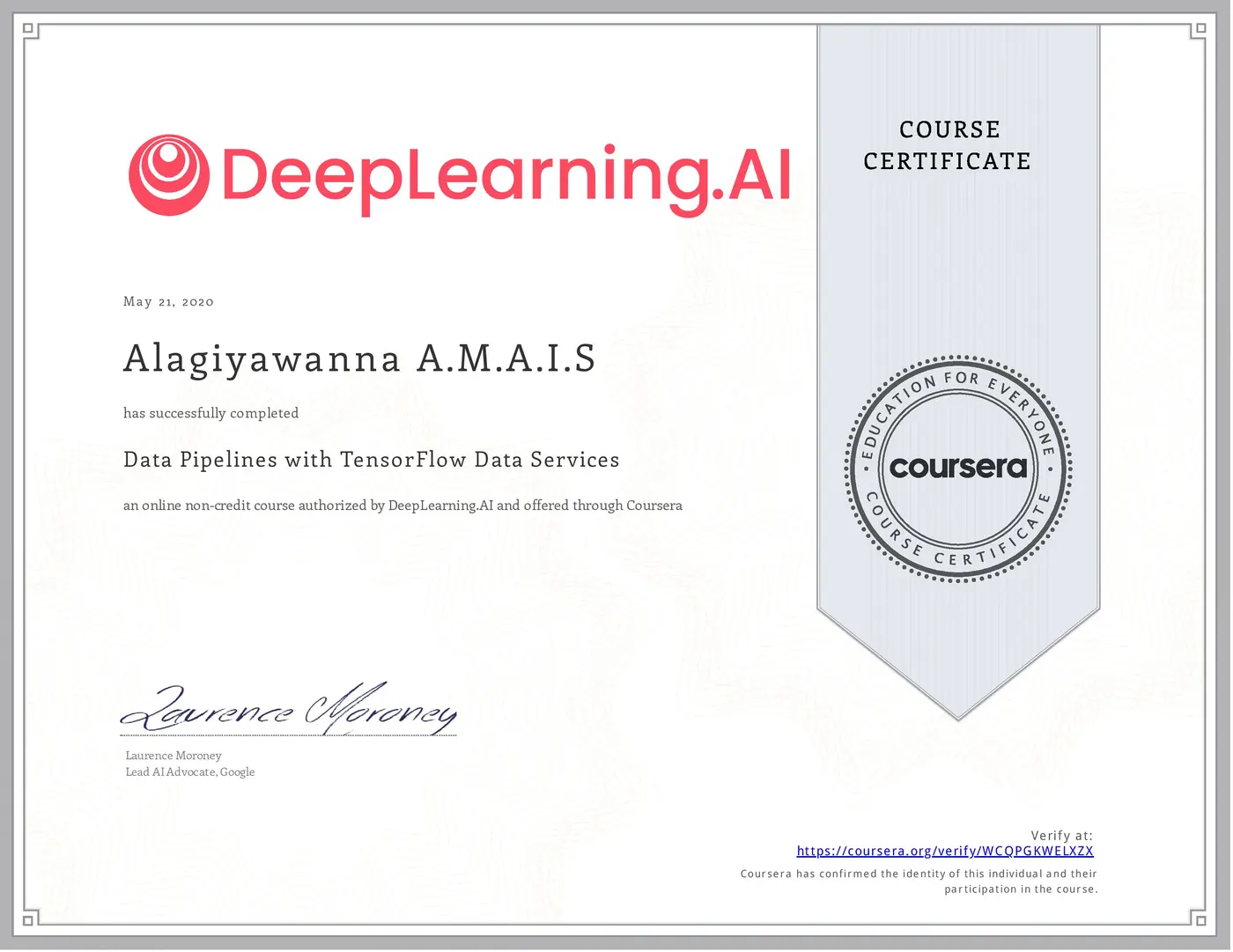 Data Pipelines with TensorFlow Data Services certificate issued by DeepLearning.AI