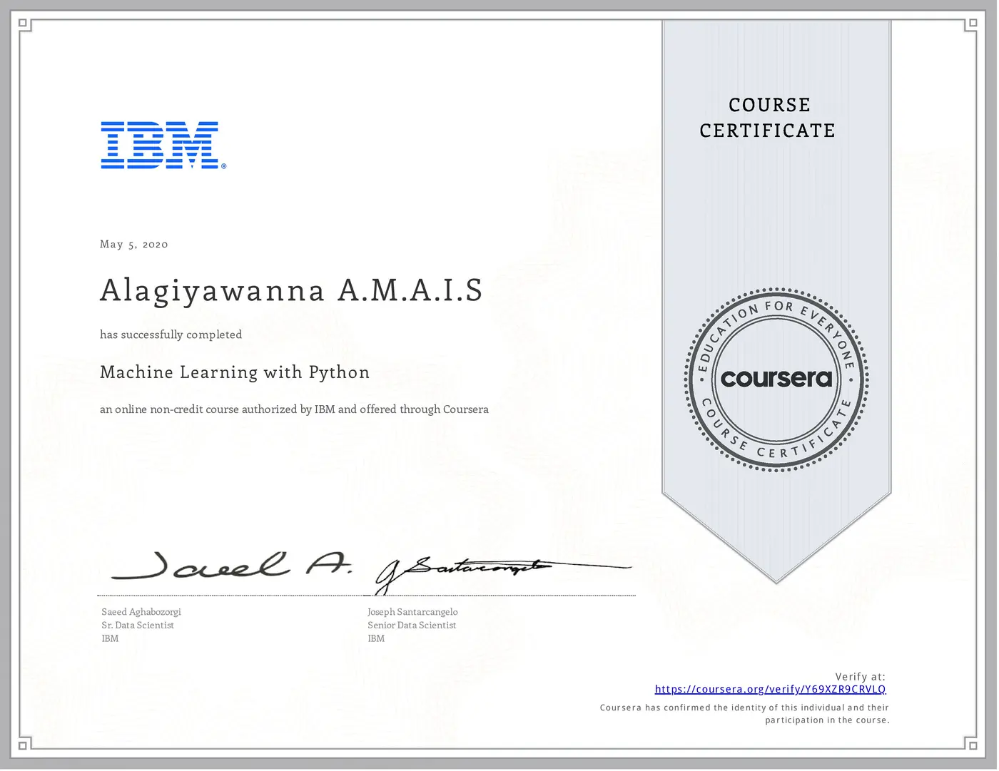 Machine Learning with Python certificate issued by IBM
