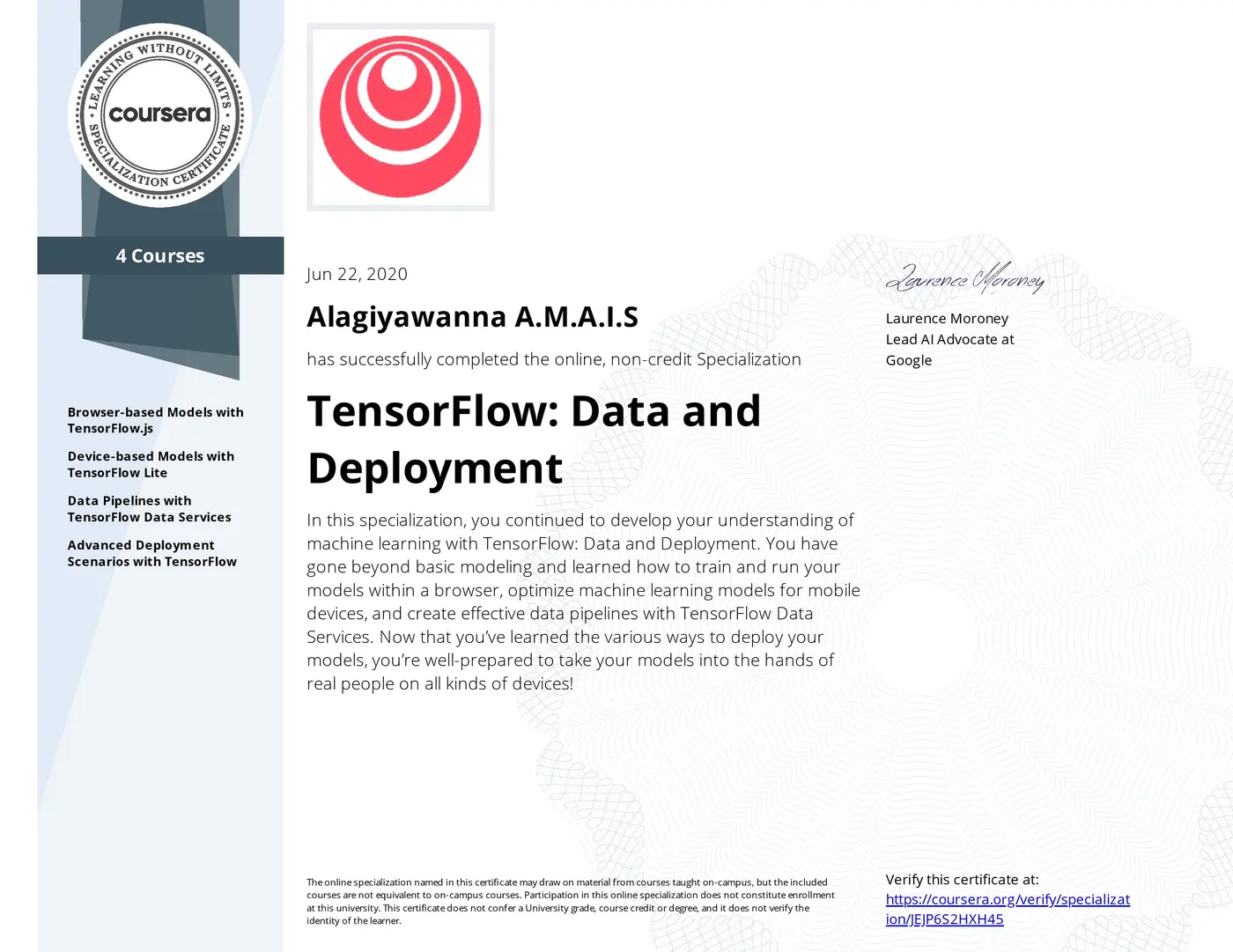 TensorFlow: Data and Deployment certificate issued by DeepLearning.AI