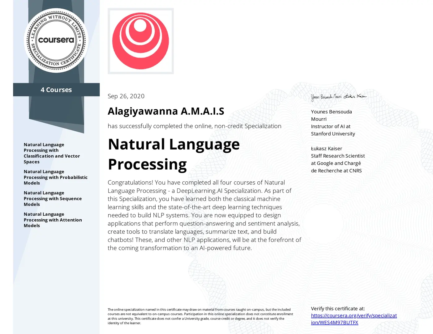 Natural Language Processing certificate issued by DeepLearning.AI