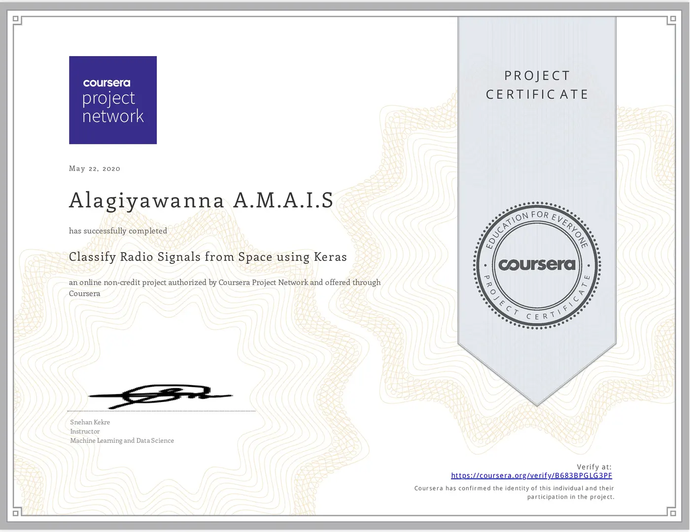 Classify Radio Signals from Space using Keras certificate issued by Coursera Project Network