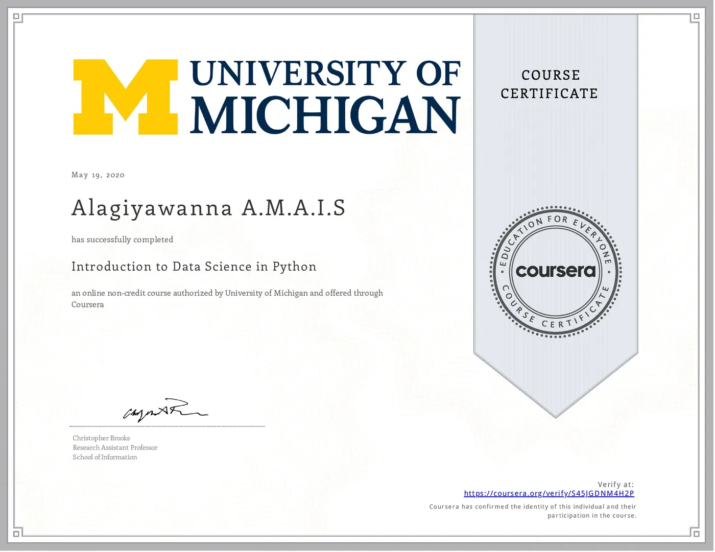 Introduction to Data Science in Python certificate issued by University of Michigan