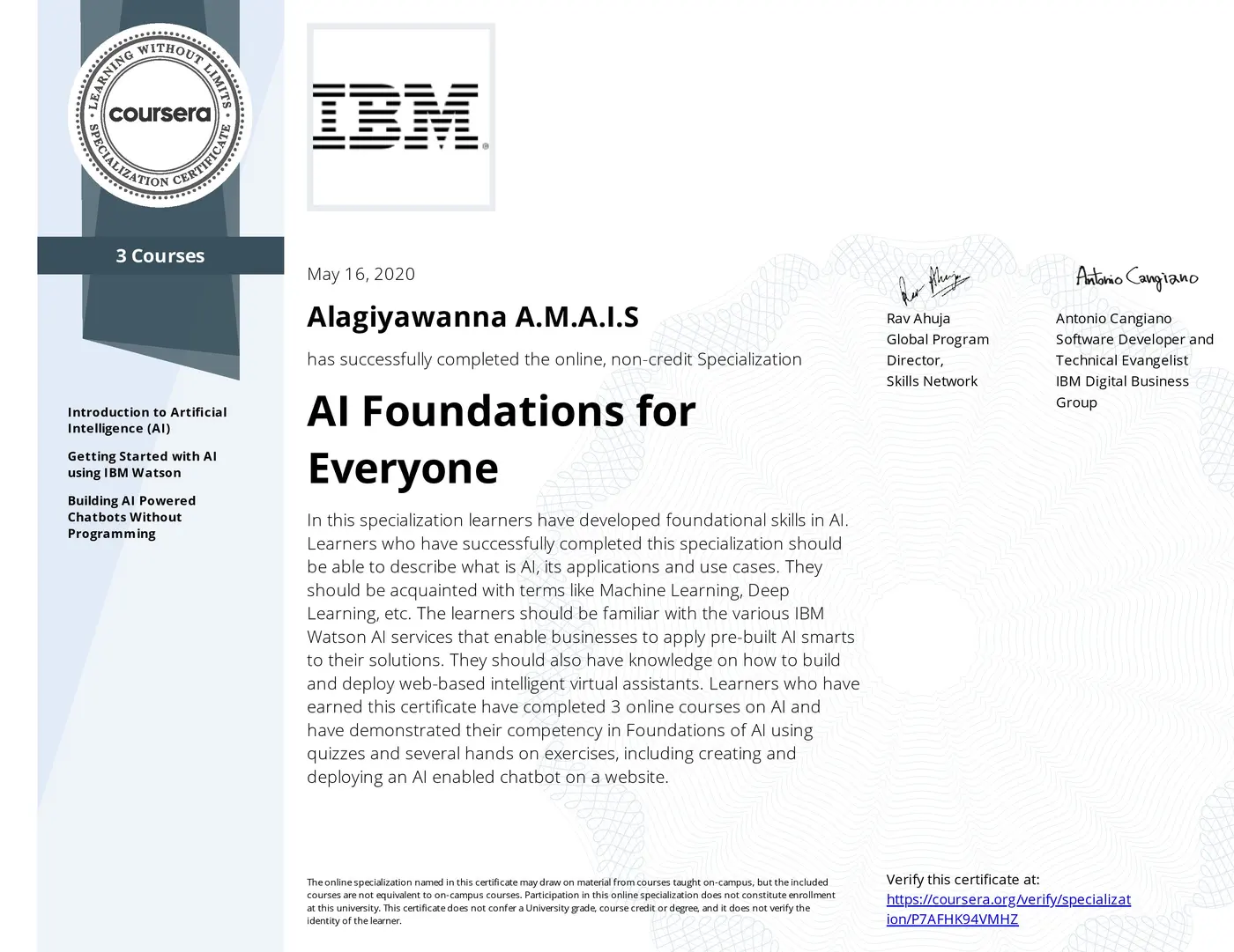 AI Foundations for Everyone certificate issued by IBM