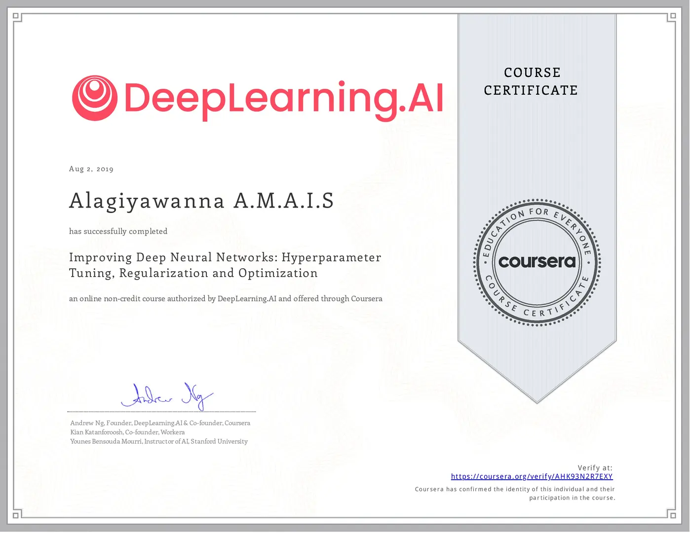 Improving Deep Neural Networks: Hyperparameter Tuning, Regularization and Optimization certificate issued by DeepLearning.AI