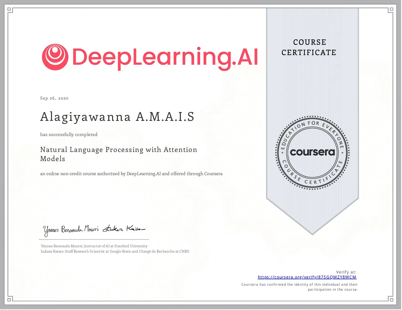 Natural Language Processing with Attention Models certificate issued by DeepLearning.AI
