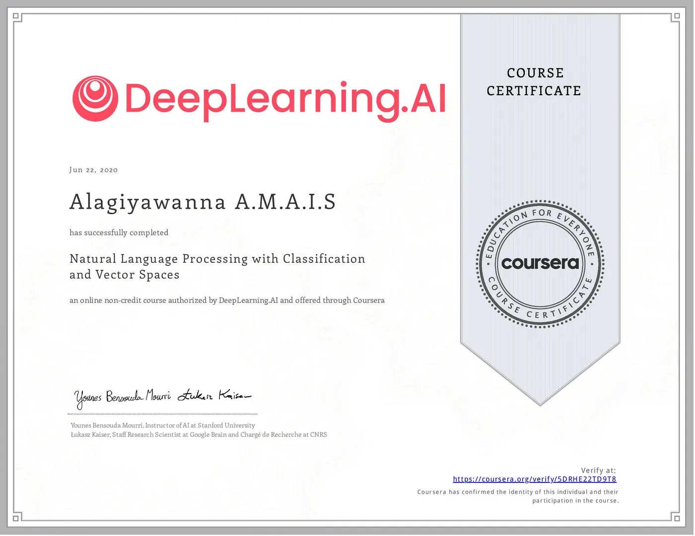 Natural Language Processing with Classification and Vector Spaces certificate issued by DeepLearning.AI