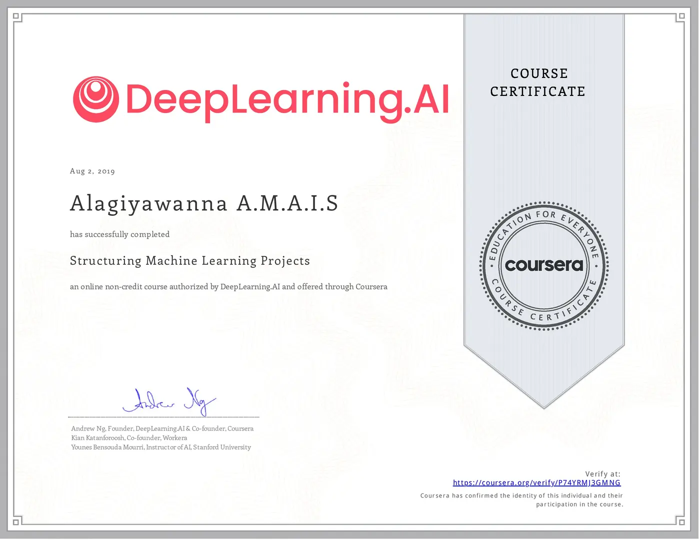 Structuring Machine Learning Projects certificate issued by DeepLearning.AI