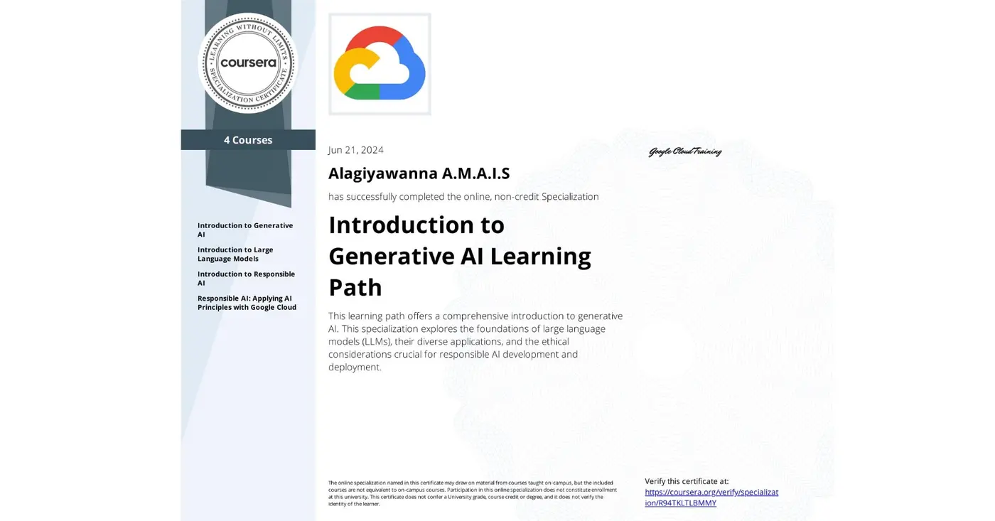 Introduction to Generative AI Learning Path certificate issued by Google Cloud