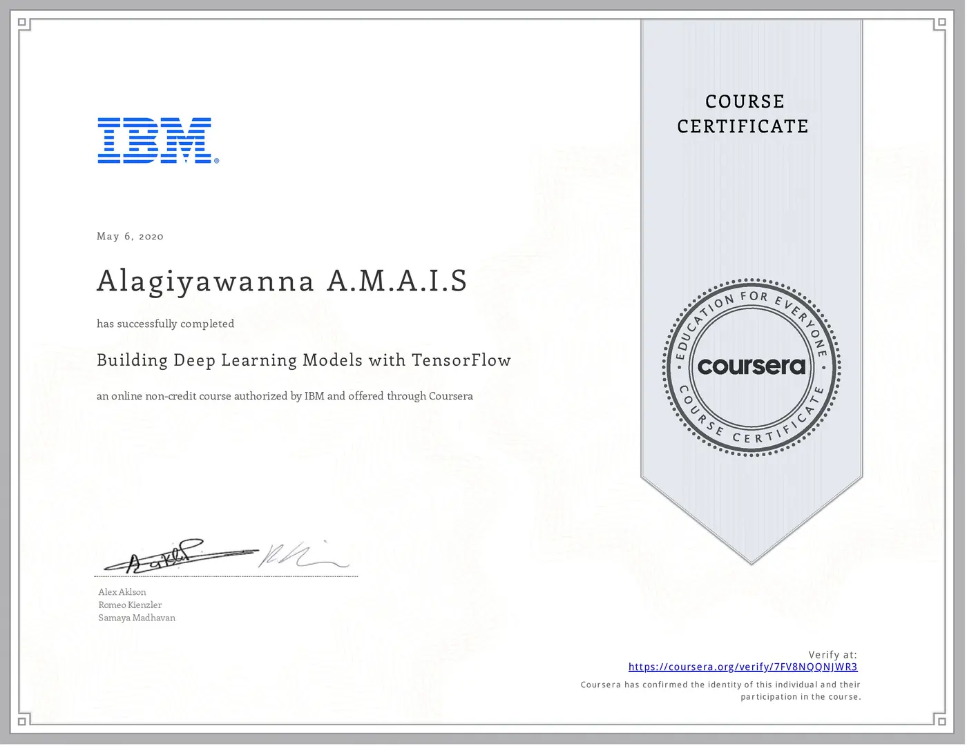 Building Deep Learning Models with TensorFlow certificate issued by IBM