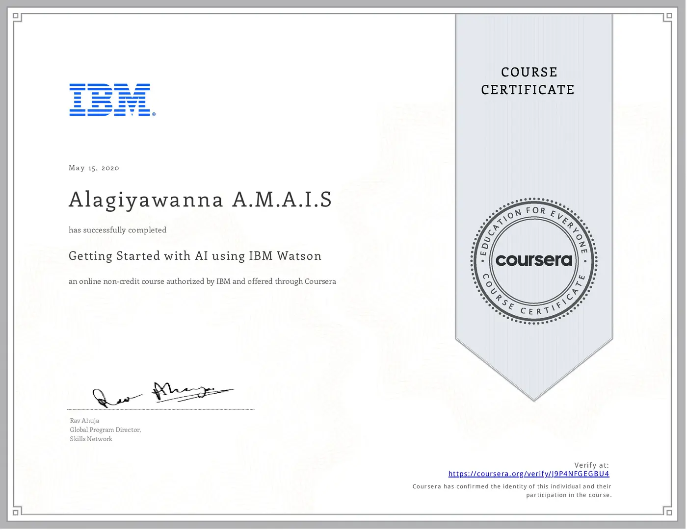 Getting Started with AI using IBM Watson certificate issued by IBM