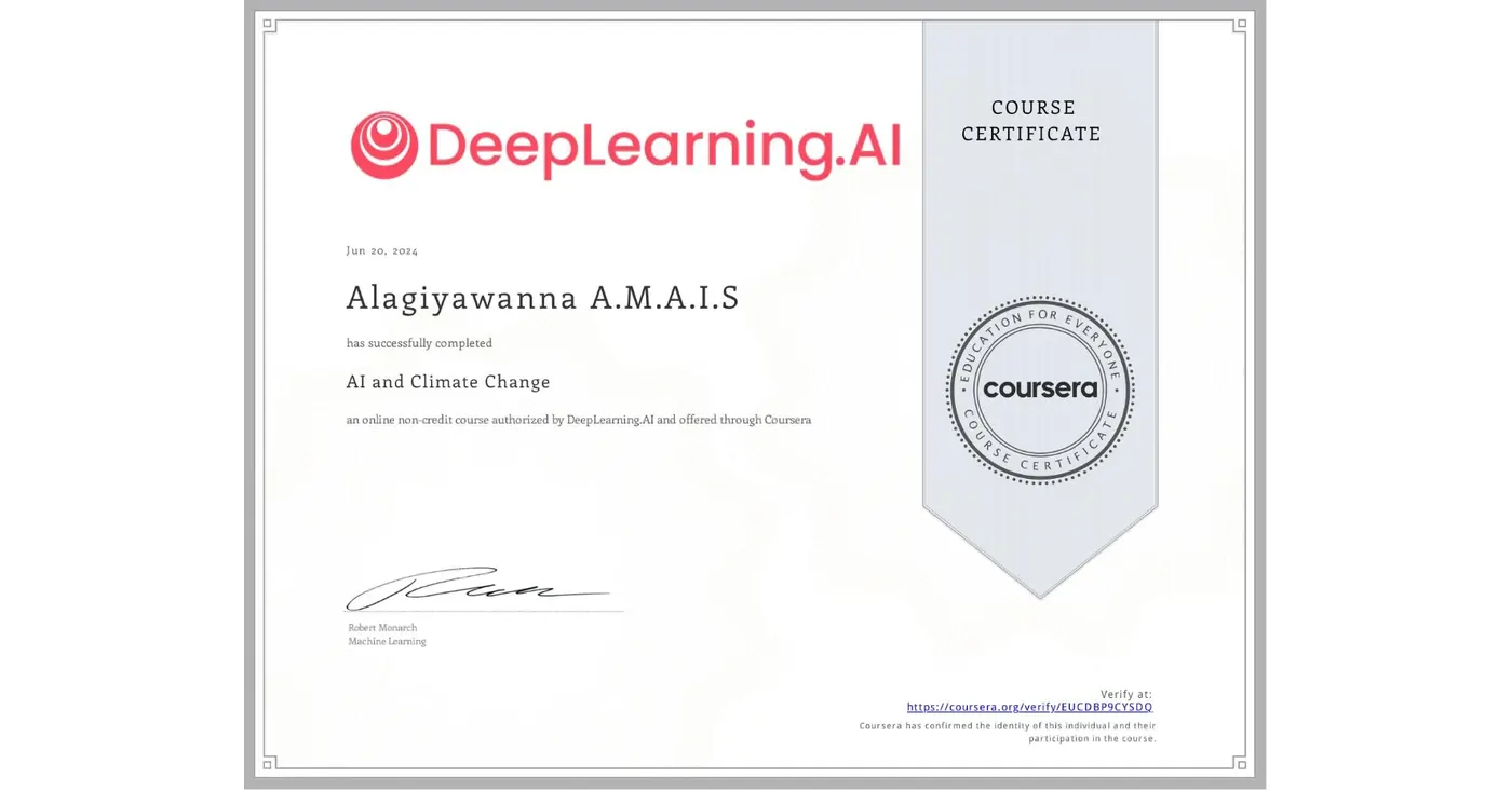 AI and Climate Change certificate issued by DeepLearning.AI