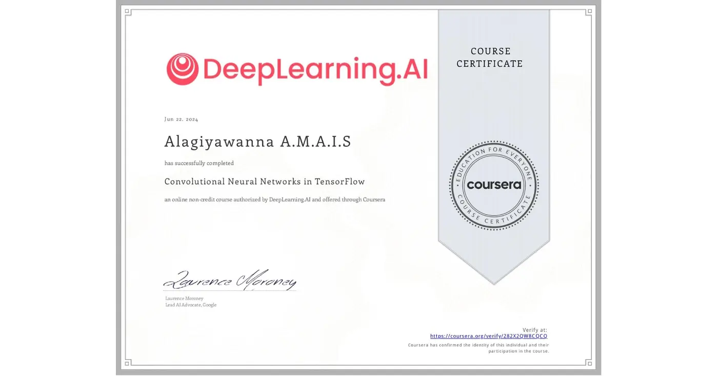 Convolutional Neural Networks in TensorFlow certificate issued by DeepLearning.AI