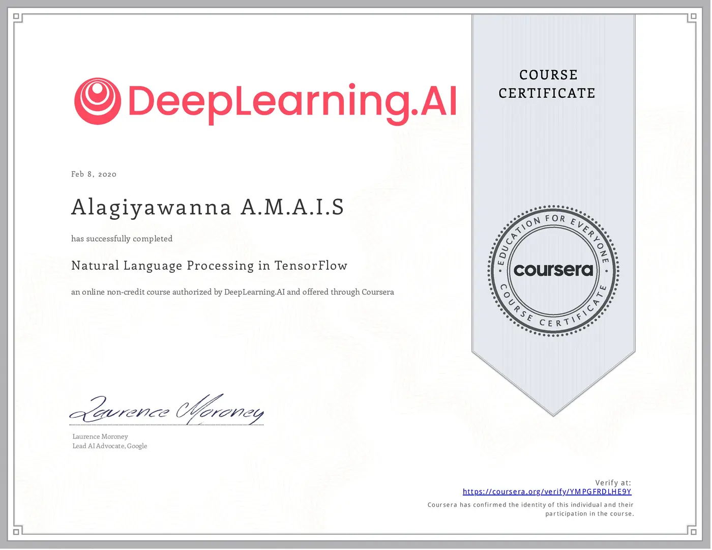 Natural Language Processing in TensorFlow certificate issued by DeepLearning.AI
