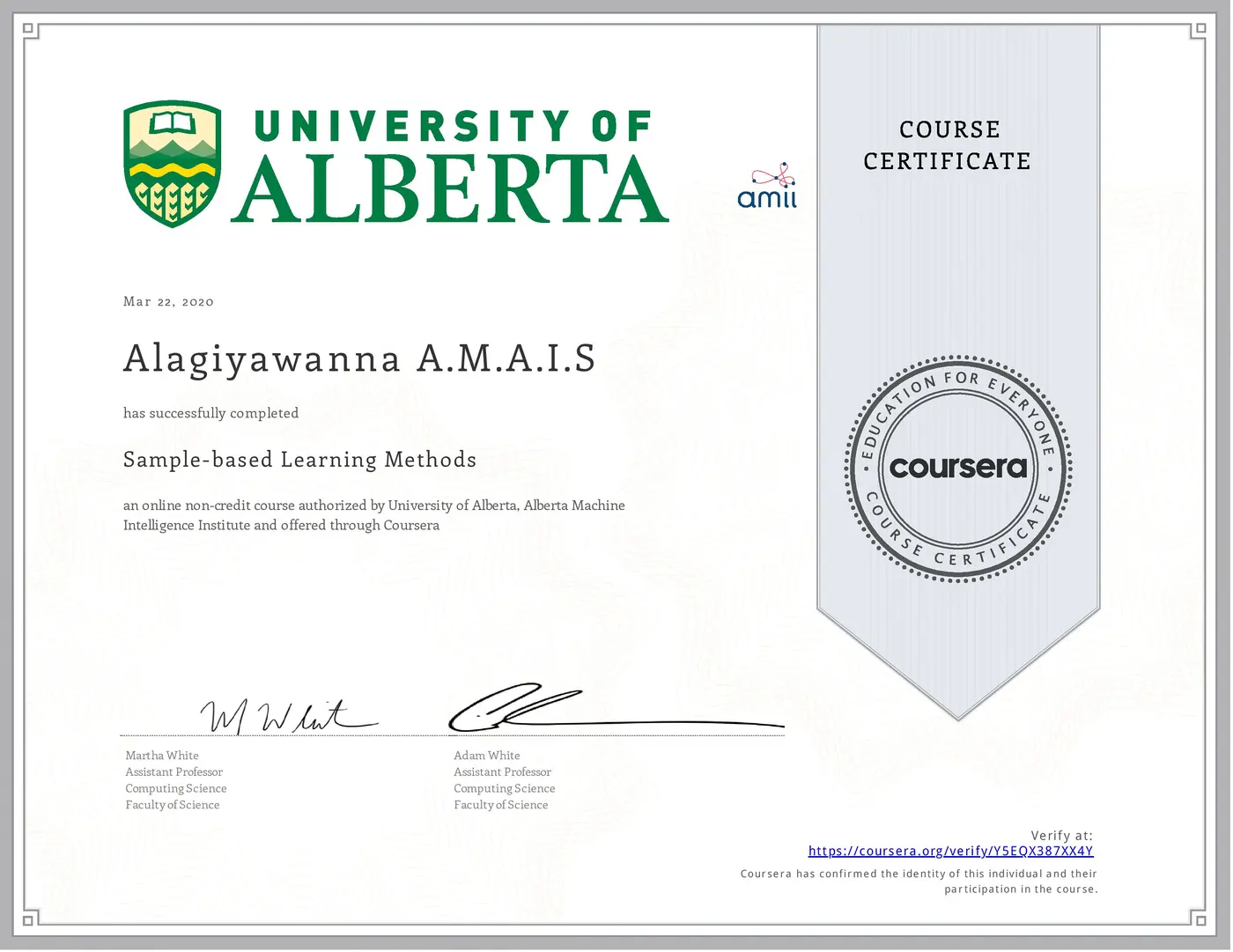 Sample-based Learning Methods certificate issued by University of Alberta, Alberta Machine Intelligence Institute