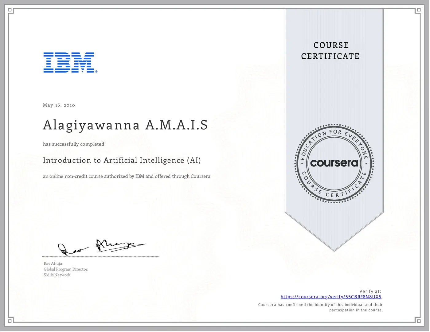 Introduction to Artificial Intelligence (AI) certificate issued by IBM