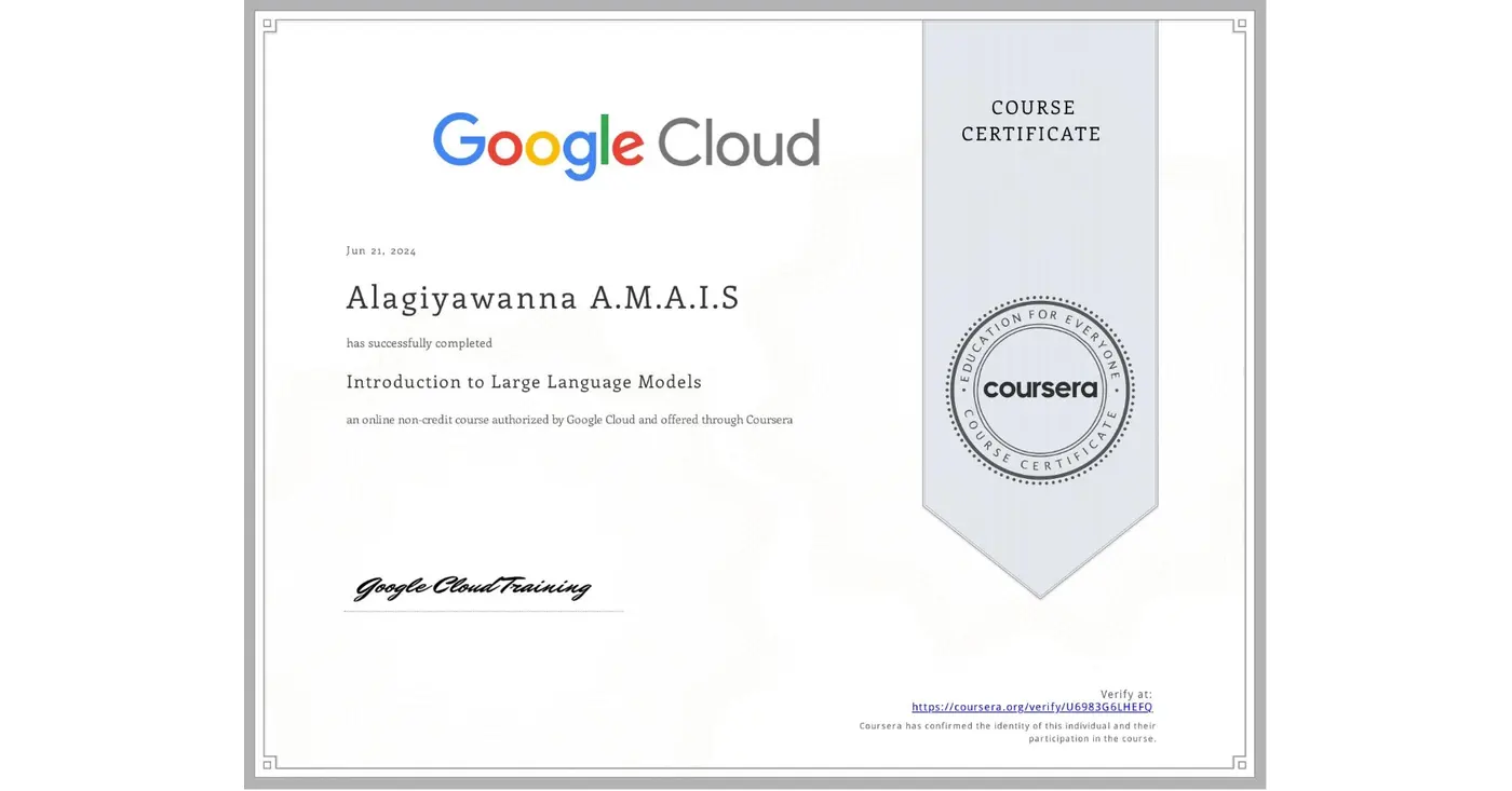 Introduction to Large Language Models certificate issued by Google Cloud