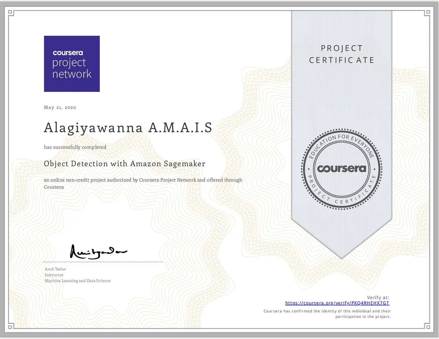 Object Detection with Amazon Sagemaker certificate issued by Coursera Project Network