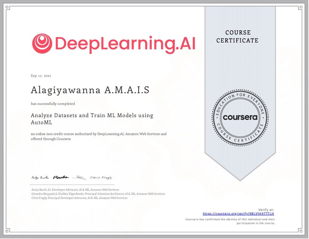 Analyze Datasets and Train ML Models using AutoML certificate issued by DeepLearning.AI, Amazon Web Services