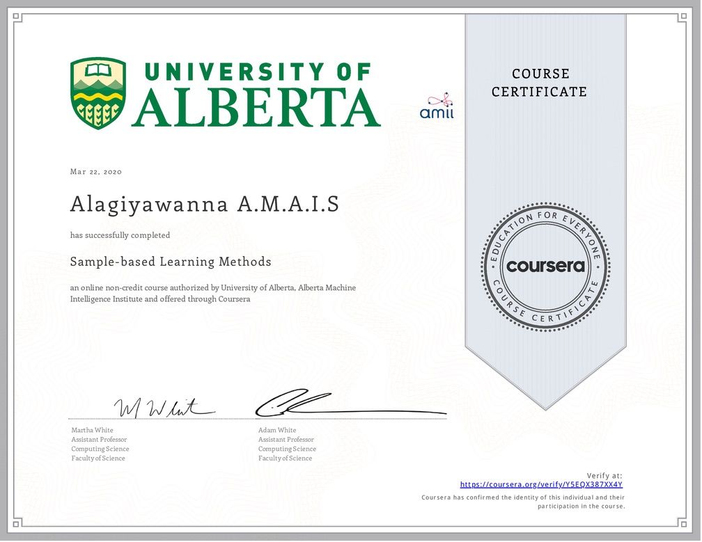 Sample-based Learning Methods certificate issued by University of Alberta, Alberta Machine Intelligence Institute