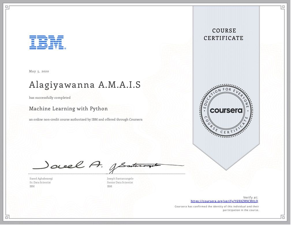 Machine Learning with Python certificate issued by IBM