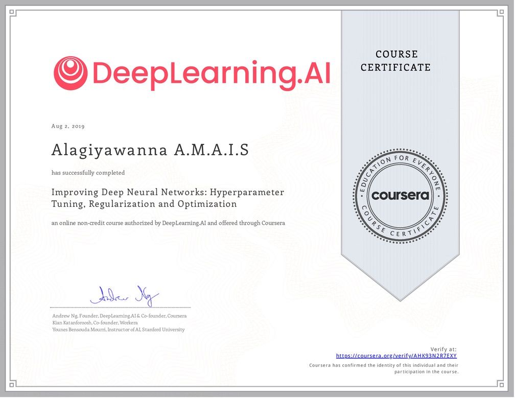 Improving Deep Neural Networks: Hyperparameter Tuning, Regularization and Optimization certificate issued by DeepLearning.AI